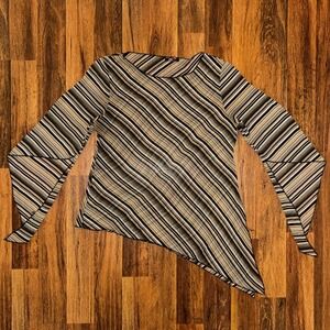 One Heart Sheer Striped Asymmetrical Handkerchief Hem Top Brown Black Tan Y2K
